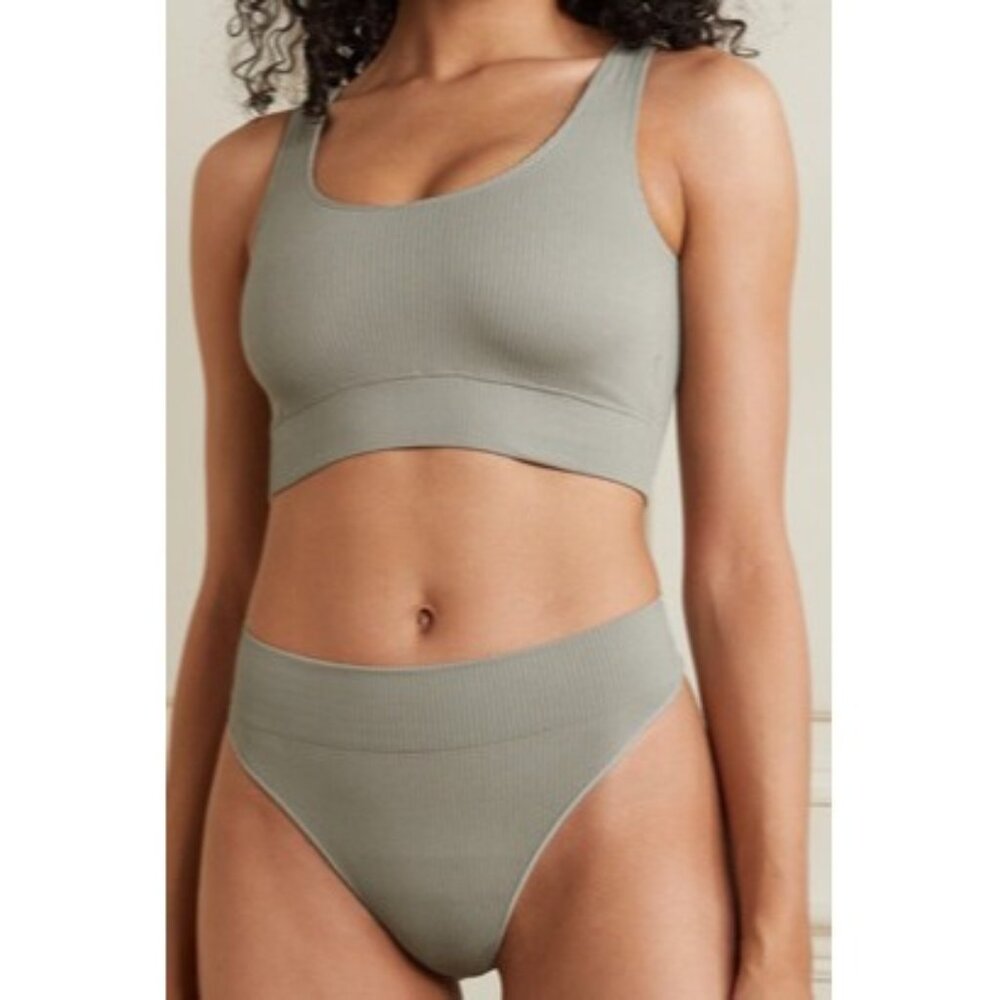 SKIMS Stretch Rib Scoop Bralette +‎ Thong NEW Sea Haze XXS/XS